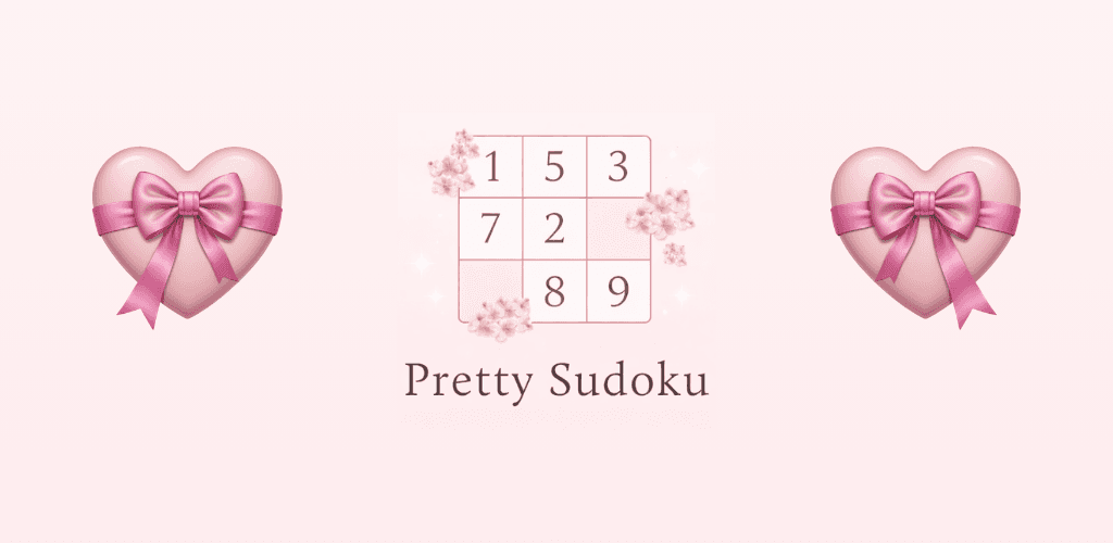 Pretty Sudoku mobile app showing the app logo with hearts on its sides